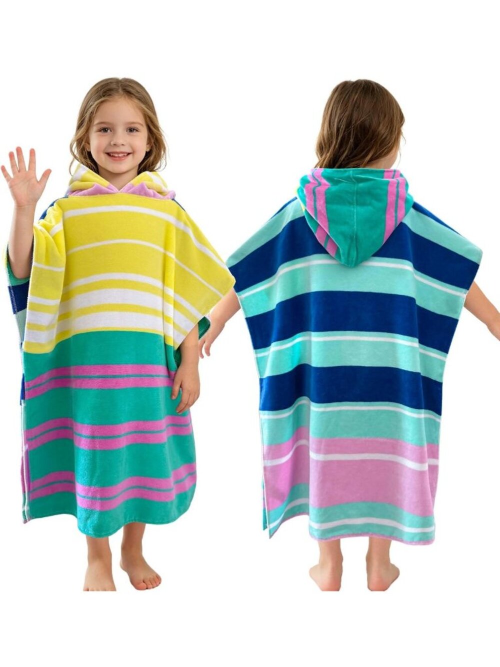 Colorful Stripe Hooded Towel Poncho for Kids 6-10Y, Soft 100% Cotton, Quick-Dry